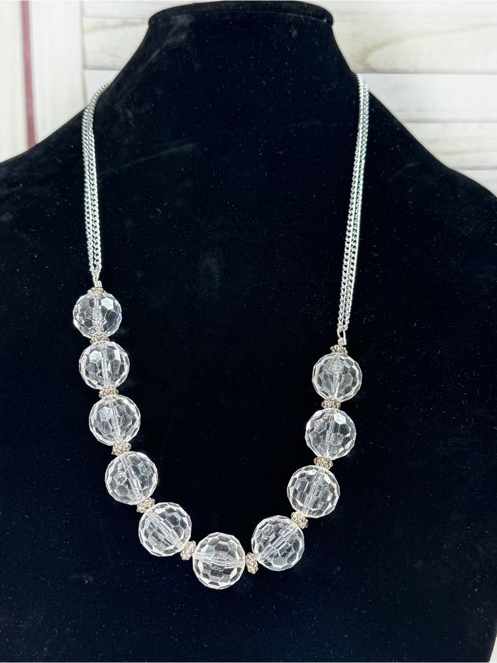 Y2K Oversized Lucite Ball Statement Necklace Silver Clear Chunky